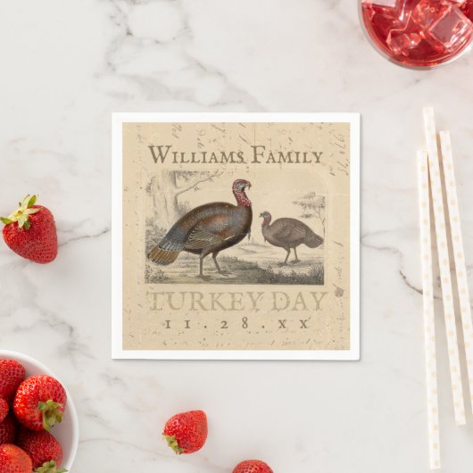 感謝祭ヴィンテージターキーデイファミリー名 スタンダードカクテルナプキン (インサイチュ)