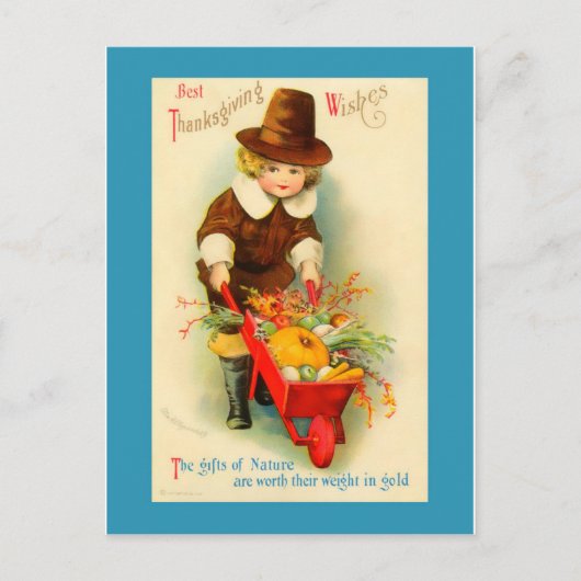 感謝祭ヴィンテージ巡礼少年&ホイールバロー シーズンポストカード (正面)