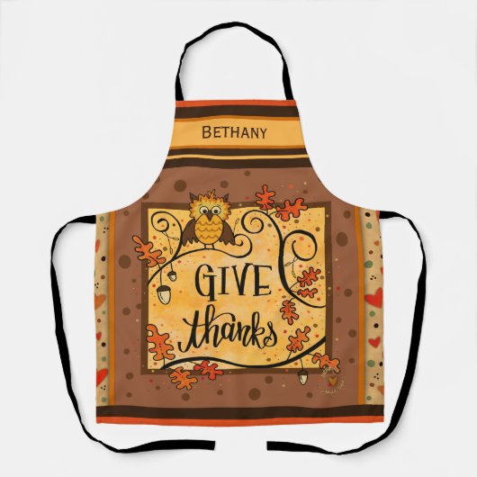 感謝祭与え感謝していキュートなフクロウのインスピレーション エプロン (正面)
