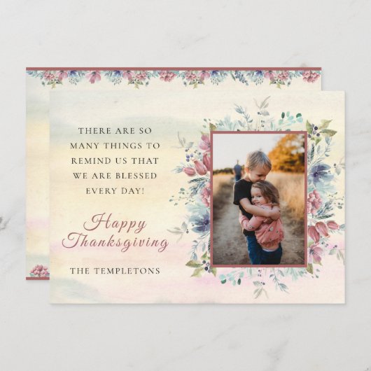 感謝祭秋フローラフォトフラットホリデーカード シーズンカード (正面/裏面)