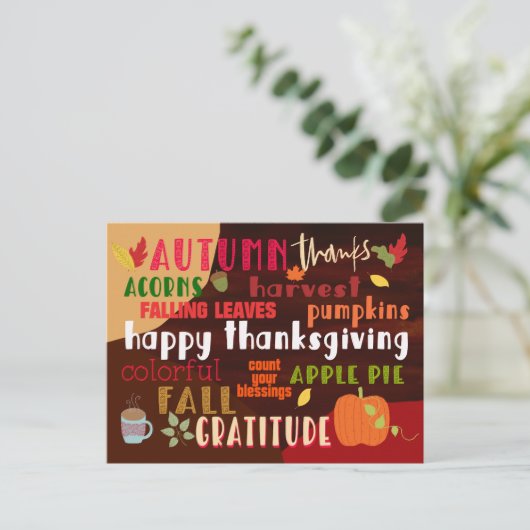感謝祭秋ワードアートカラフルタイポグラフィ ポストカード (スタンド正面)