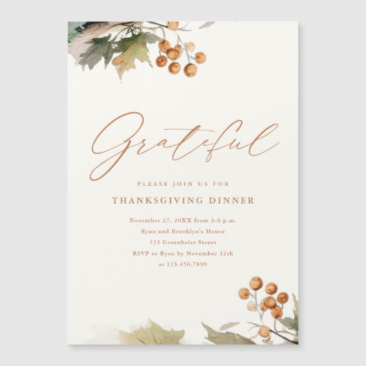 感謝祭素朴の夕日の緑の離れ花の葉 マグネット招待状 (正面)