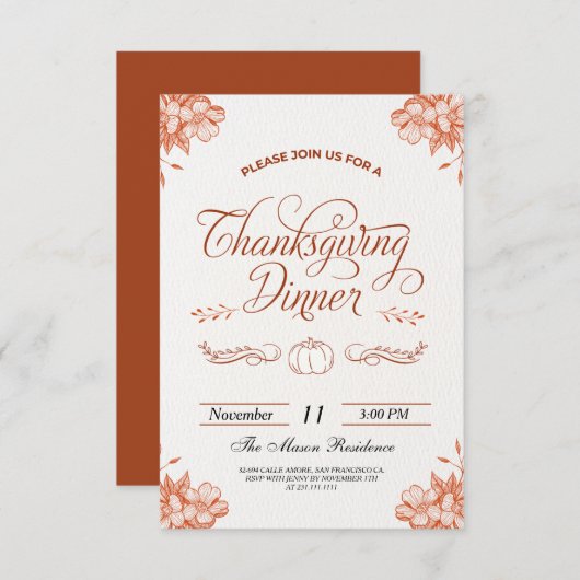 感謝祭素朴ディナーパンプキン 招待状 (正面/裏面)
