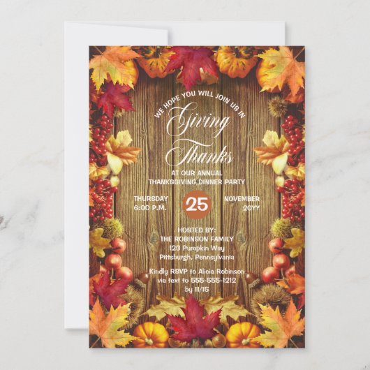 感謝祭素朴ディナー与え – ウッドシ感謝していョン 招待状 (正面)
