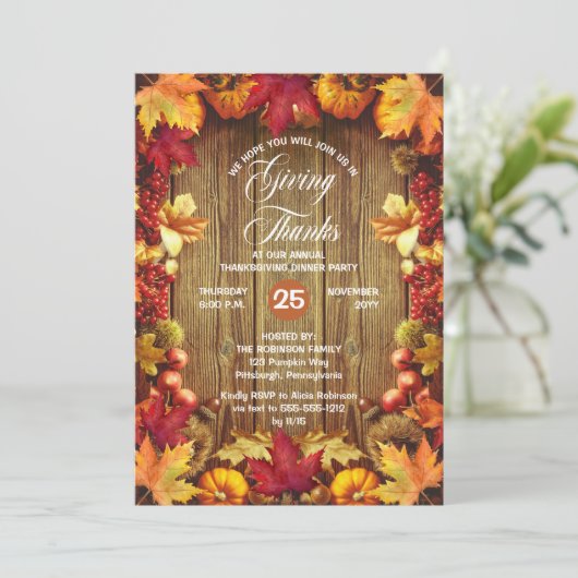 感謝祭素朴ディナー与え – ウッドシ感謝していョン 招待状 (スタンド正面)