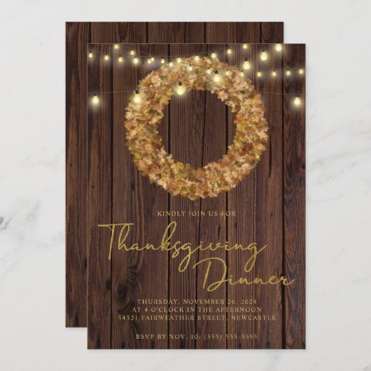 感謝祭素朴リースストリングライトウッド 招待状 (正面/裏面)