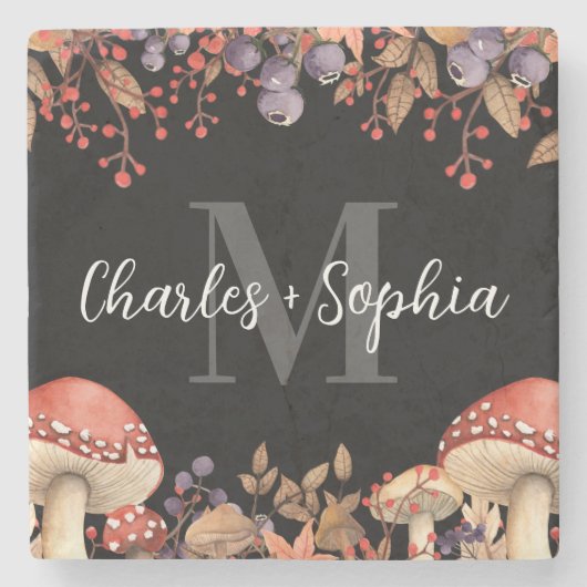 感謝祭素朴秋新婚夫婦モノグラム ストーンコースター (正面)