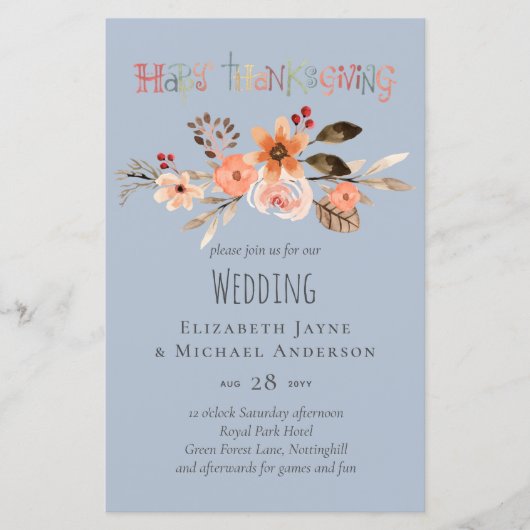 感謝祭結婚式招待状ダスティブルーオレンジ (正面)