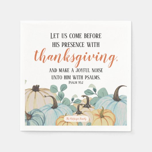 感謝祭聖なる書物、 経典ウォーターカラーパンプキンファミリー スタンダードカクテルナプキン (正面)