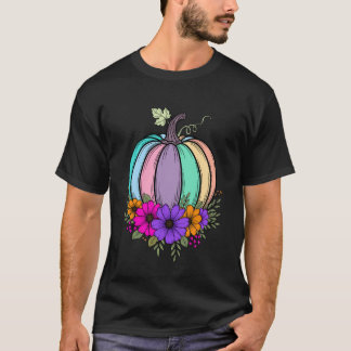 感謝祭 パステル カボチャ フローラル 秋のデザイン Tシャツ