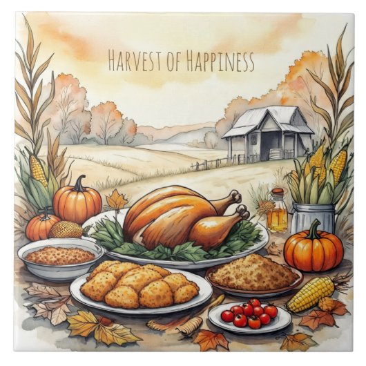 感謝祭、幸福の収穫、陶磁器タイル タイル (正面)