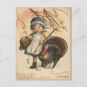感謝祭 – Pilgrim Girl & Turkey 1910 ポストカード
