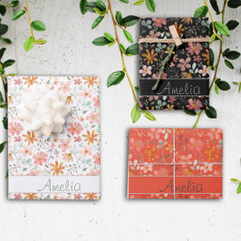 感謝秋の花のブラックパターン名 ラッピングペーパーシート