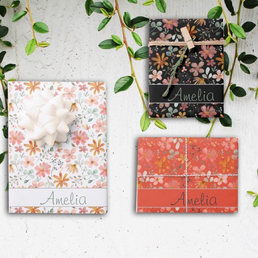 感謝秋の花のブラックパターン名 ラッピングペーパーシート