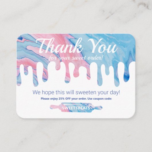 感謝|ピンクブルー大理石ドリップベーカリー割引 エンクロージャーカード (正面)