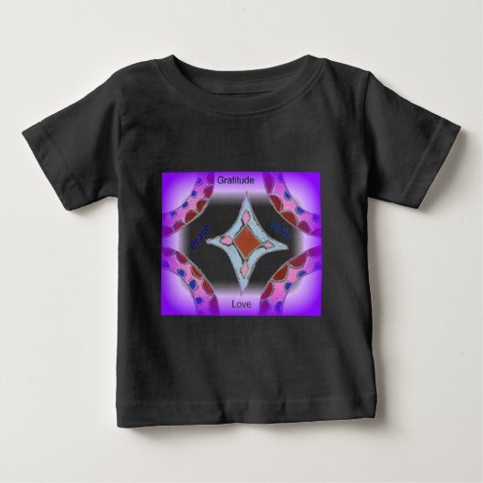 "感謝 平和 愛 結束" マンダラアートプリント ベビーTシャツ (正面)