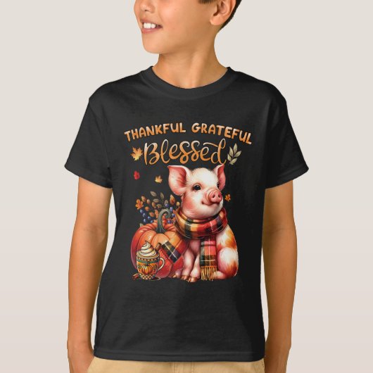 感謝 感謝 神様の祝福 農場の動物 豚 秋 Tシャツ (正面)