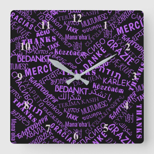 感謝! – 言数々の語 – 世国際的界 スクエア壁時計 (正面)
