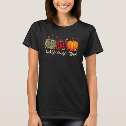 感謝 認識 恵まれて カボチャ ヒョウ柄 秋 タ Tシャツ (正面)