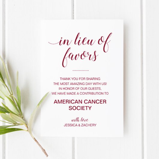 慈善寄付に代わるバーグンディ結婚ー プレイスカード