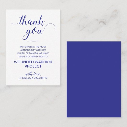 慈善寄付の代わりにネイビーブルー結婚 プレイスカード (正面/裏面)