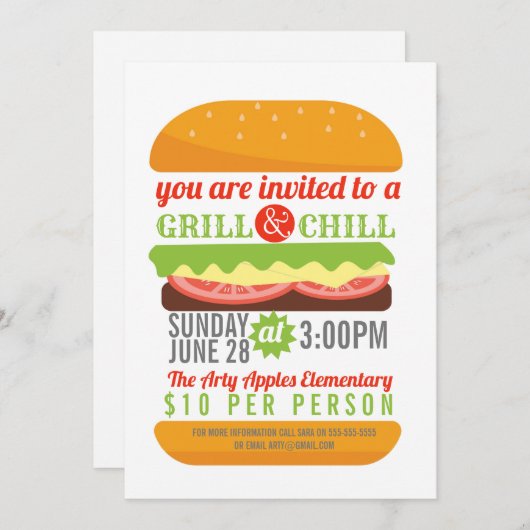 慈善BBQの冷えおよびグリルの募金活動PTO教会 招待状 (正面/裏面)