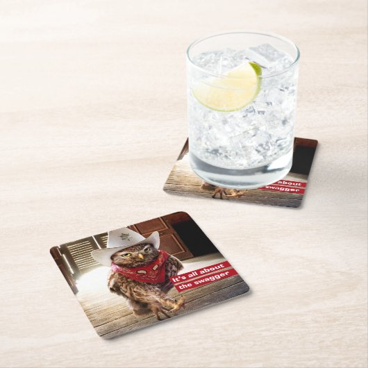 態度及び濶歩の堅い西部の保安官のフクロウ スクエアペーパーコースター (インサイチュ)