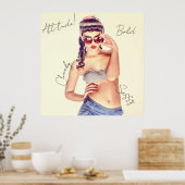 態度!レトロモデルのショーツとビキニのトップ。 ポスター (キッチン)