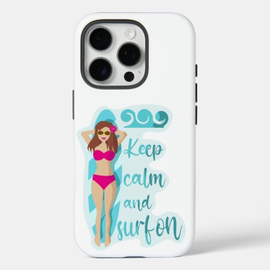 慌てずにサーフィンを楽しんで ブルネットの女の子のカード Case-Mate iPhoneケース (裏面)
