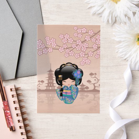 慶子こけし人形ブルー着物芸者ベージュインサート ベラム紙招待状 (ウェディング)