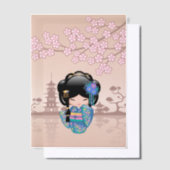 慶子こけし人形ブルー着物芸者ベージュインサート ベラム紙招待状 (オフセット)