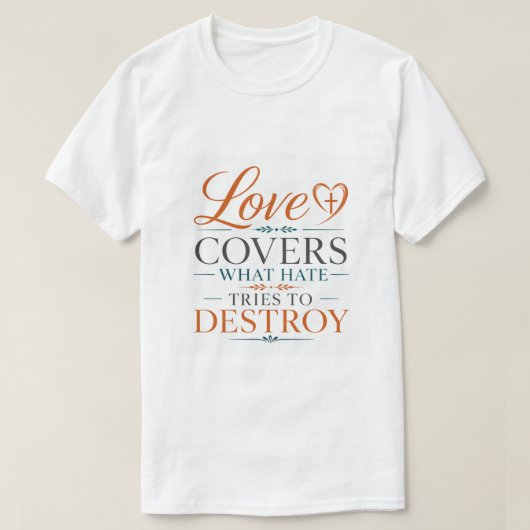 憎しみが破壊しようとするものを愛が覆う 聖句 Tシャツ (デザイン正面)