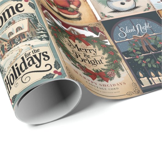 懐かしいクリスマスコラージュレトロホリデー ラッピングペーパー (ロールコーナー)
