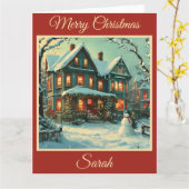 懐かしいクリスマスシーンと雪だるま カード (黄色い花)