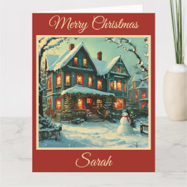 懐かしいクリスマスシーンと雪だるま カード