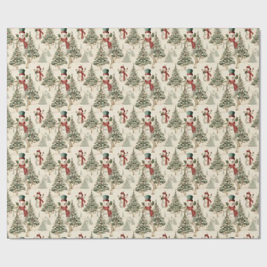 懐かしいクリスマスツリーとヴィンテージ雪だるま ラッピングペーパー (フラット)