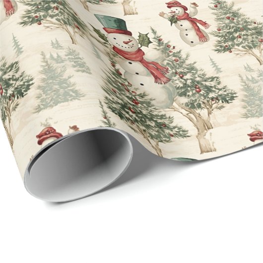 懐かしいクリスマスツリーとヴィンテージ雪だるま ラッピングペーパー (ロールコーナー)