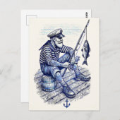 懐かしいセーラーヴィンテージの魚釣り ポストカード (正面/裏面)