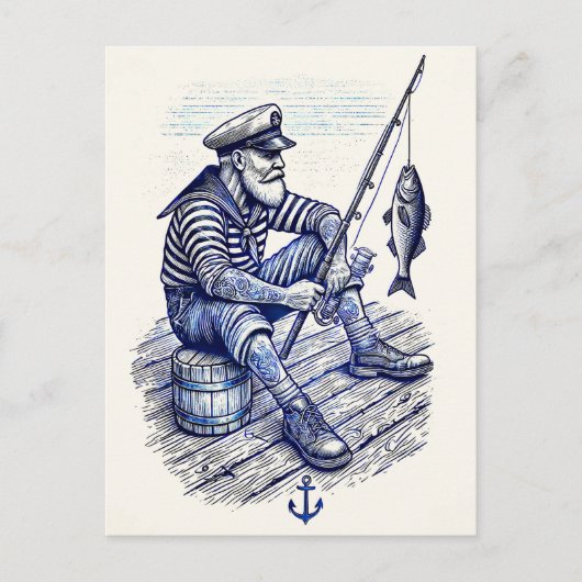 懐かしいセーラーヴィンテージの魚釣り ポストカード (正面)