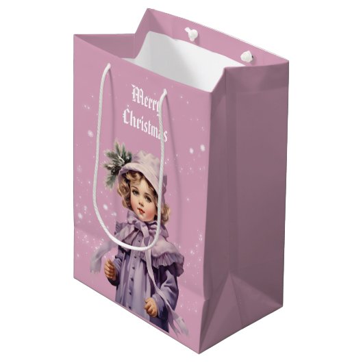 懐かしいパープルの完璧な女の子メリークリスマス ミディアムペーパーバッグ (正面アングル)
