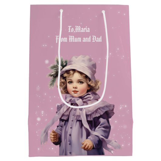 懐かしいパープルの完璧な女の子メリークリスマス ミディアムペーパーバッグ (裏面)