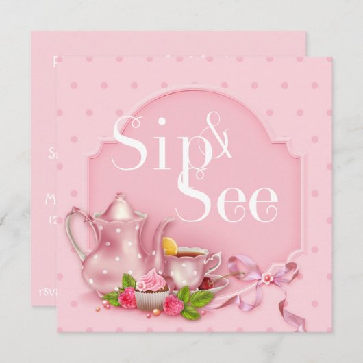懐かしいピンクのティータイムsipと赤ちゃんのシャワーを参照 招待状 (正面/裏面)