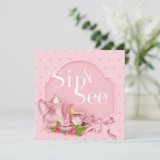 懐かしいピンクのティータイムsipと赤ちゃんのシャワーを参照 招待状 (スタンド正面)