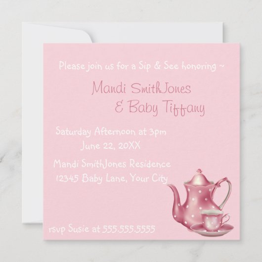 懐かしいピンクのティータイムsipと赤ちゃんのシャワーを参照 招待状 (裏面)