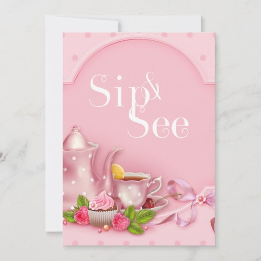 懐かしいピンク茶のパーティーsipと参照ベビーシャワー 招待状 (正面)