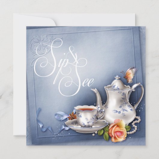 懐かしいブルーティータイムシップと赤ちゃんシャワーを参照 招待状 (正面)