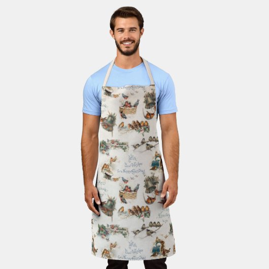 懐かしいヴィンテージのクリスマスバードと挨拶 エプロン (着用した状態)