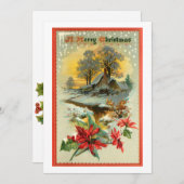 懐かしいヴィンテージ冬のシーンとクリスマスホリー シーズンカード (正面/裏面)