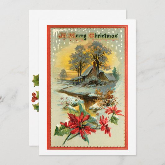 懐かしいヴィンテージ冬のシーンとクリスマスホリー シーズンカード (正面/裏面)