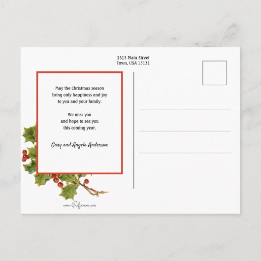 懐かしいヴィンテージ冬のシーンとクリスマスホリー ポストカード (裏面)